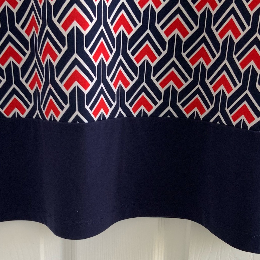 Liz Claiborne Dress XL Midi, Red White Blue Geometric Design, 3/4 Sleeves. - Picture 7 of 9
